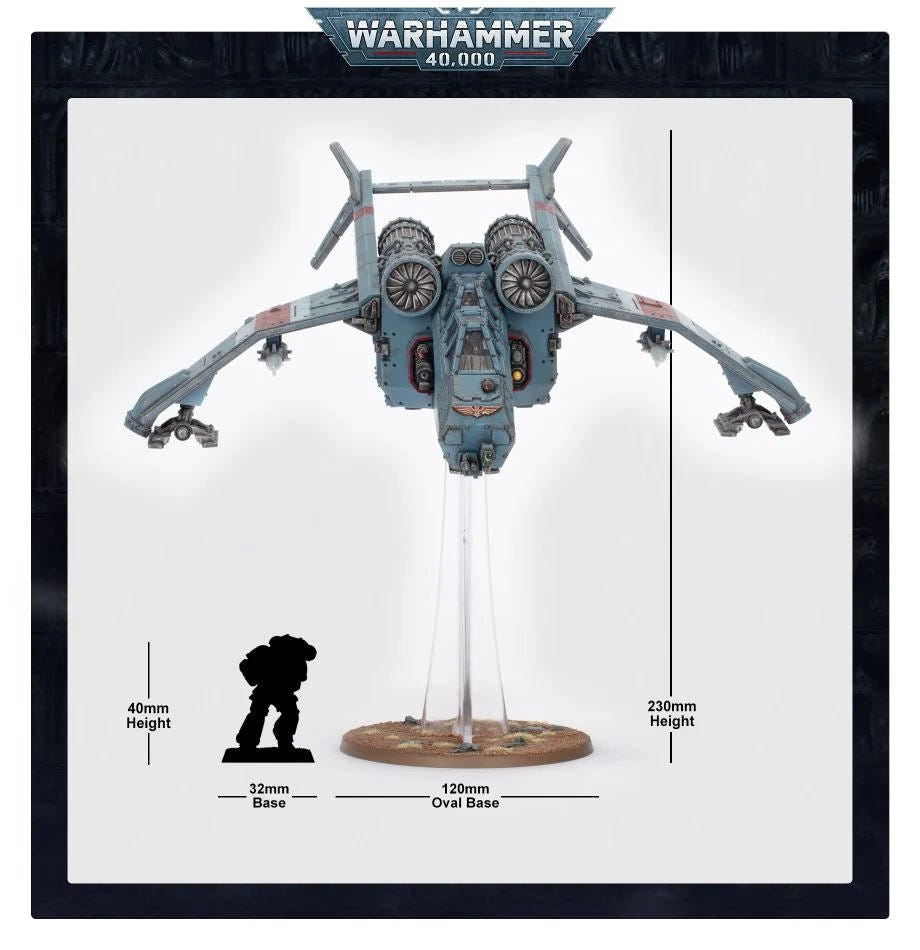 Astra Militarum Valkyrie size guide: grey-blue gunship on its flight stand, 230mm tall beside a 40mm figure
