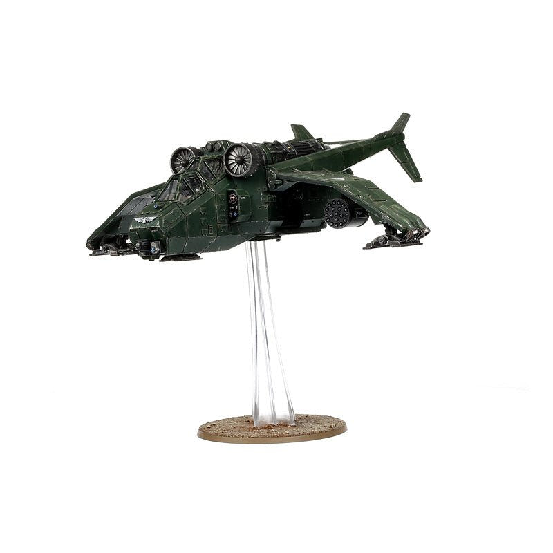 Green painted Astra Militarum Valkyrie on flying stand, low side angle