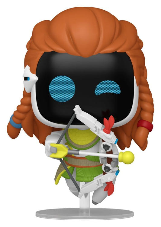 Funko Pop! Aloy Astro Bot figure with red braided hair and bow on a clear stand