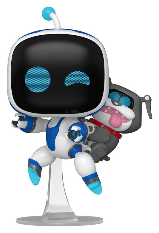 Funko Pop! Astro figure carrying his robot dog Barkster on a clear stand