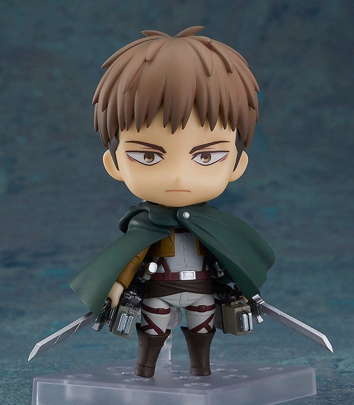 Nendoroid Jean Kirstein on stand wearing Survey Corps cape, blades drawn at his sides