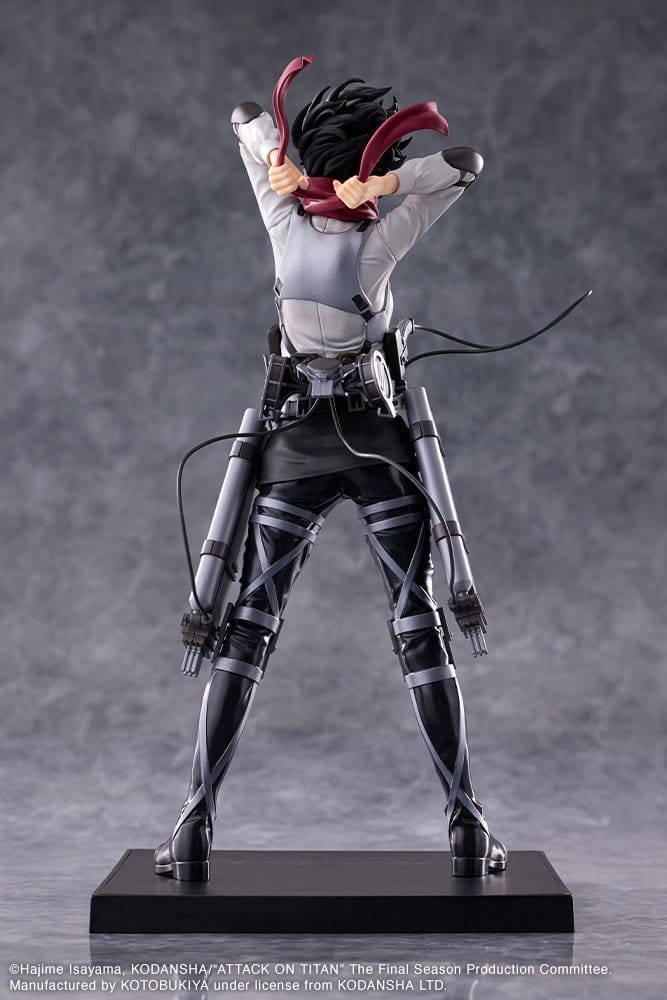 Rear view of the Attack on Titan Mikasa Ackerman figure showing her ODM gear harness