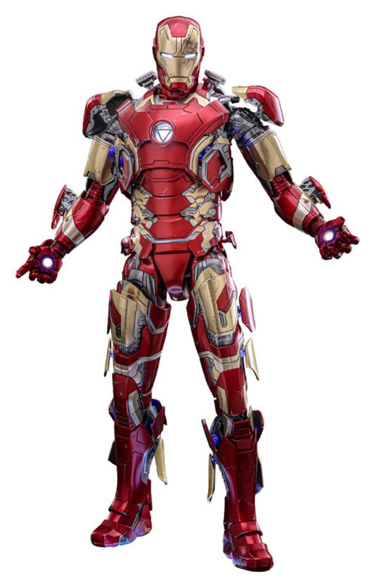 Hot Toys Iron Man Mark XLIII (2.0) 1/6 diecast figure in red and gold armour, full-length front view