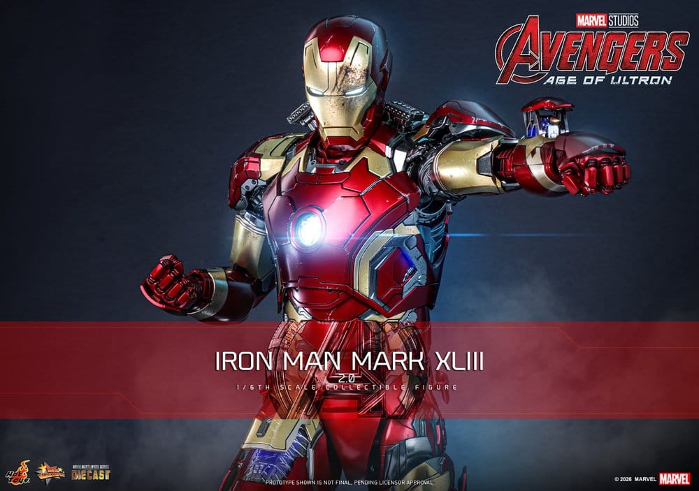 Hot Toys Iron Man Mark XLIII sixth-scale figure promo banner with glowing repulsor, Age of Ultron