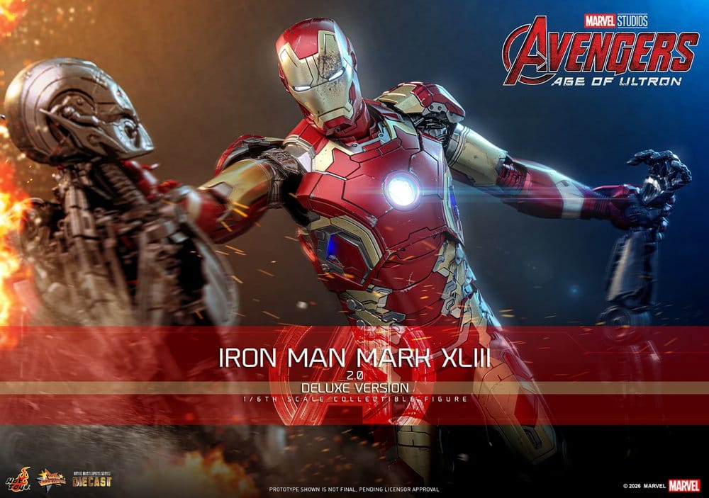 Hot Toys Iron Man Mark XLIII (2.0) Deluxe Version promo banner fighting an Ultron Sentry