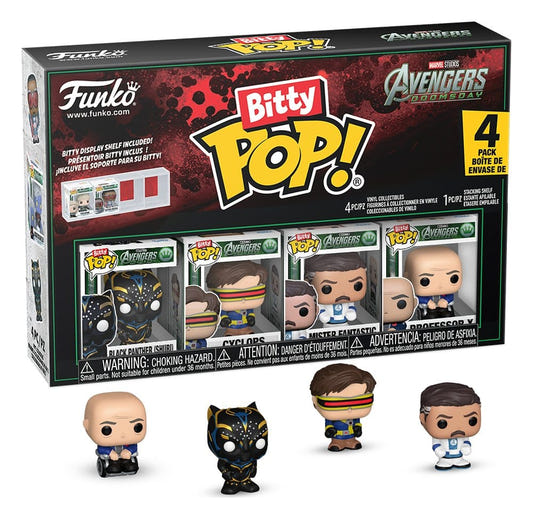 Funko Bitty Pop! Avengers: Doomsday 4-pack Series 3 with Black Panther, Cyclops and others in front of the box
