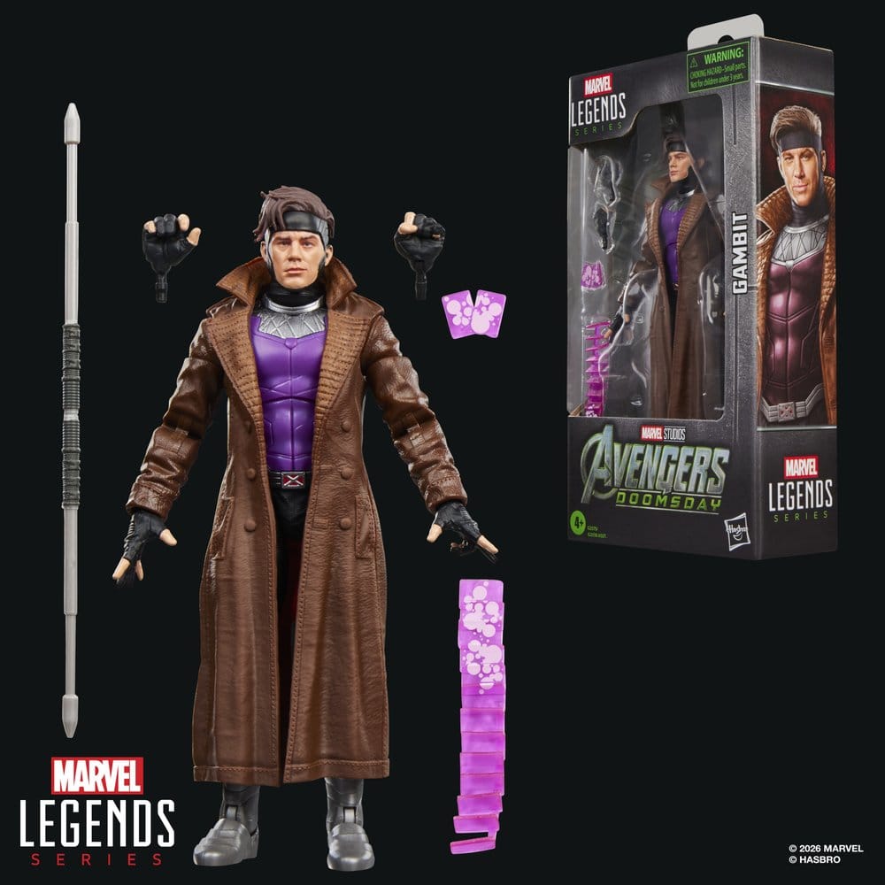 Marvel Legends Gambit figure with bo staff, hands, card effects and window box on black
