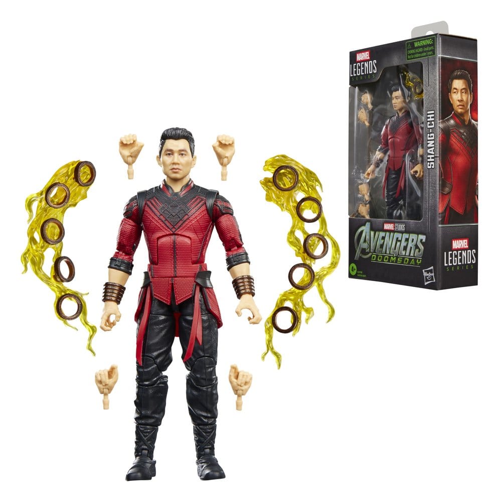 Marvel Legends Shang-Chi figure with Ten Rings effects and four spare hands beside box