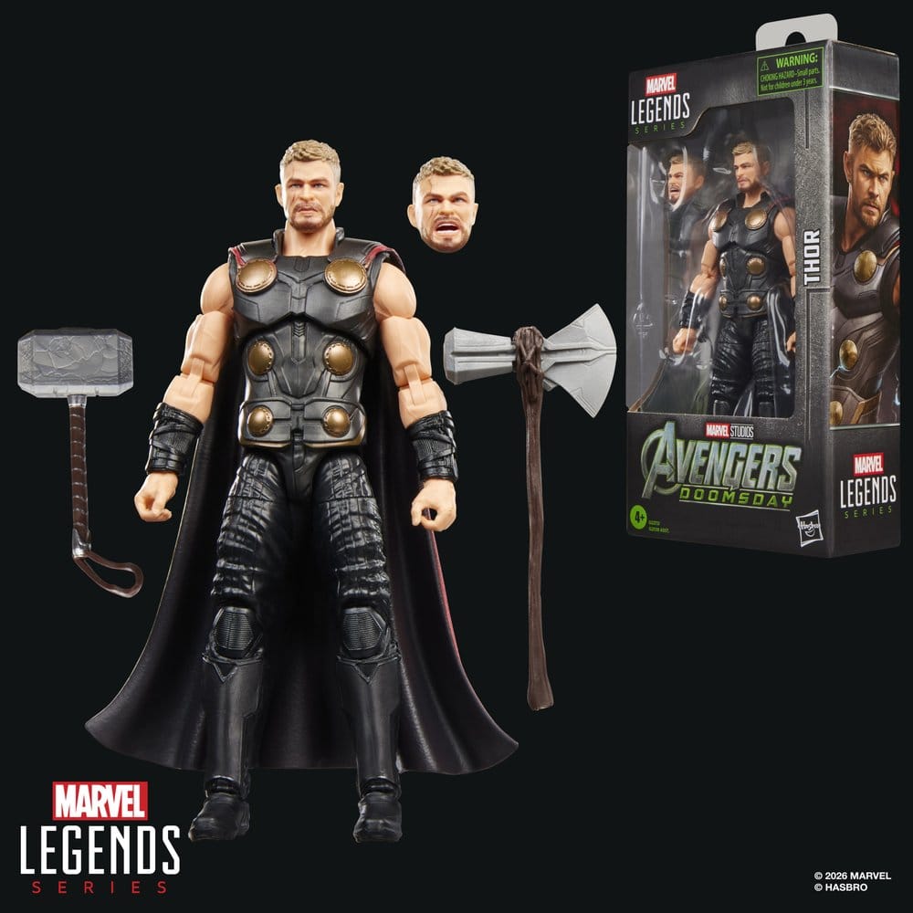 Marvel Legends Thor figure with Mjolnir, Stormbreaker, alternate head and box on black