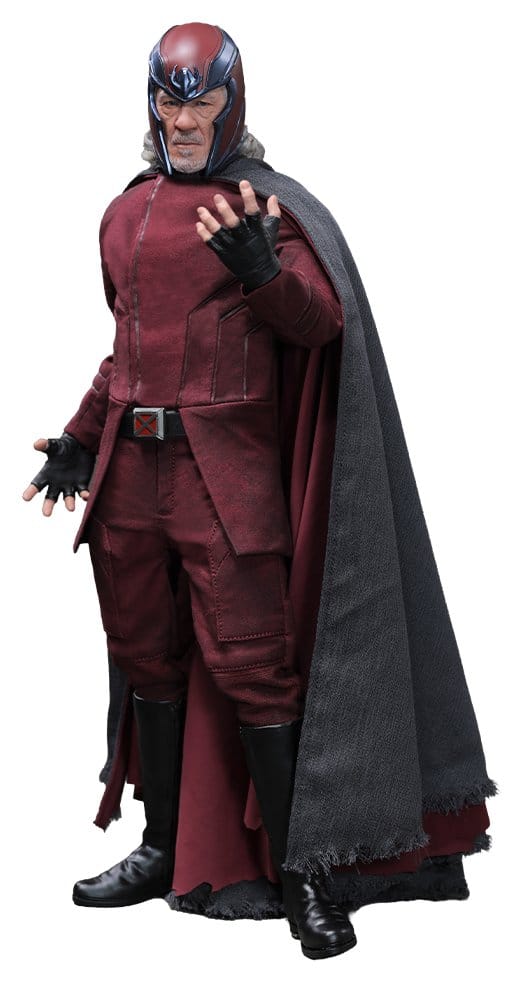 Hot Toys Avengers: Doomsday Magneto 1/6 figure front view in burgundy tunic and grey cape, cut-out
