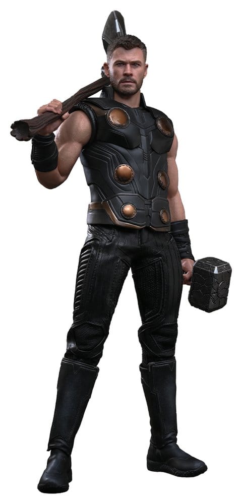 Hot Toys Avengers: Doomsday Thor 1/6 figure with Stormbreaker on shoulder and Mjølnir, on white