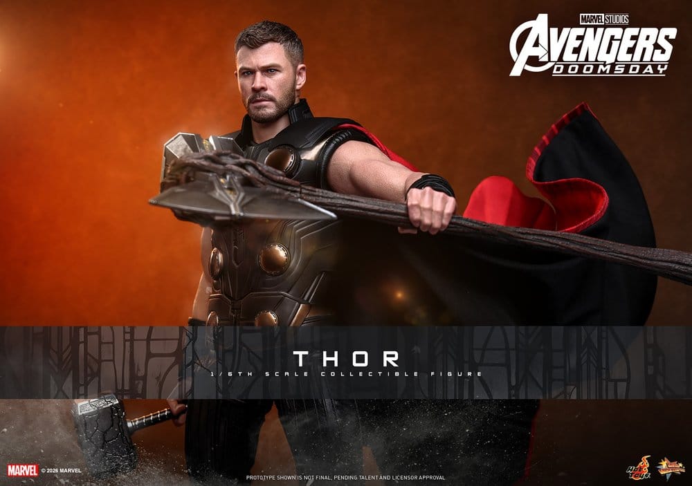 Hot Toys Thor sixth scale figure banner shot pointing Stormbreaker forward, cape behind