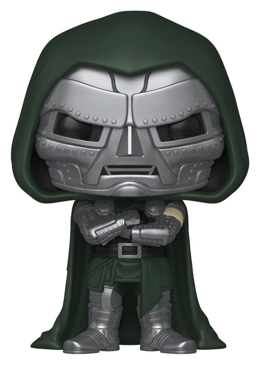 Funko Pop! Doctor Doom vinyl figure from Avengers: Doomsday in silver mask and green hooded cloak, arms folded