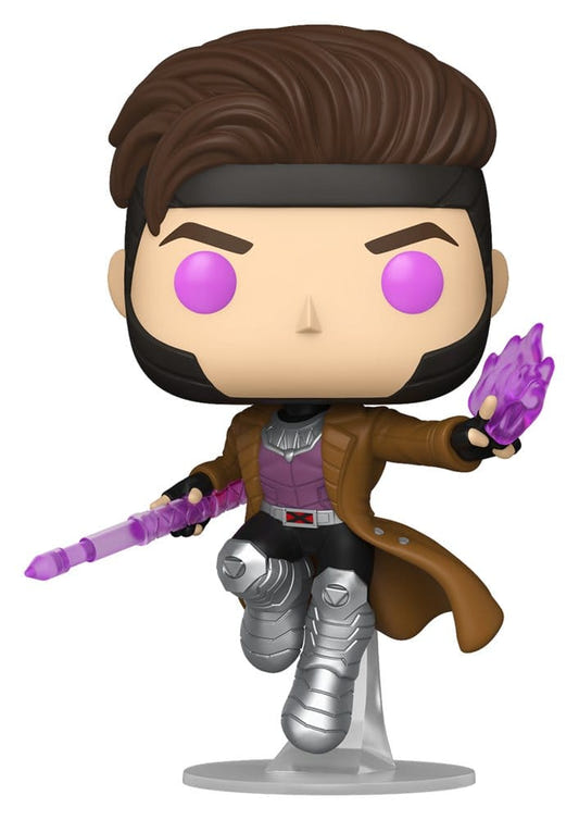 Funko Pop! Gambit vinyl figure from Avengers: Doomsday in brown coat with glowing pink eyes and charged staff