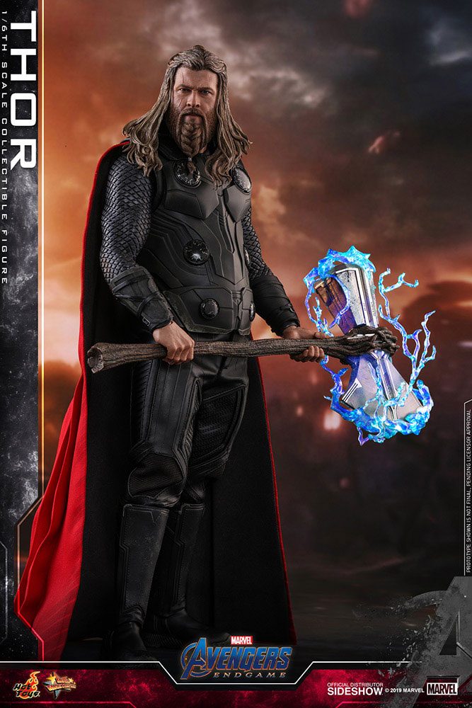 Hot Toys Thor 1/6 figure holding Stormbreaker and lightning Mjolnir, battlefield backdrop