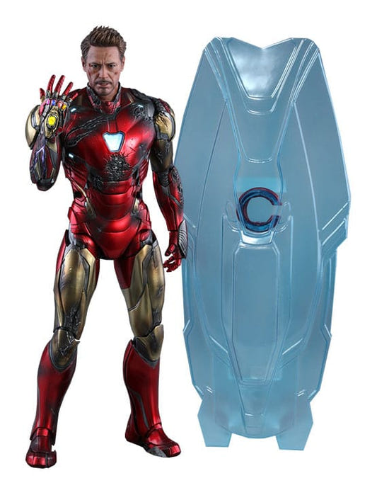 Hot Toys Iron Man Mark LXXXV Battle Damaged 1/6 figure cut-out with Nano Gauntlet and Holo Shield