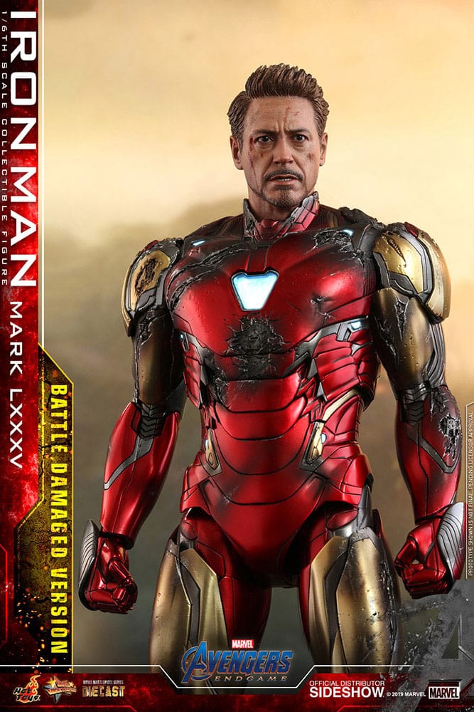 Hot Toys Iron Man Mark LXXXV Battle Damaged 1/6 figure unmasked, waist-up front view