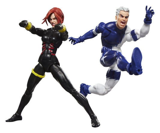 Marvel Legends Black Widow and Quicksilver figures posed mid-action, Quicksilver leaping