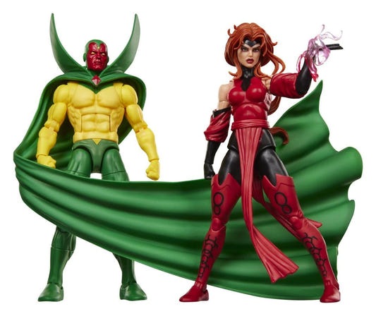 Marvel Legends Vision and Scarlet Witch figures posed together, Vision's green cape sweeping out