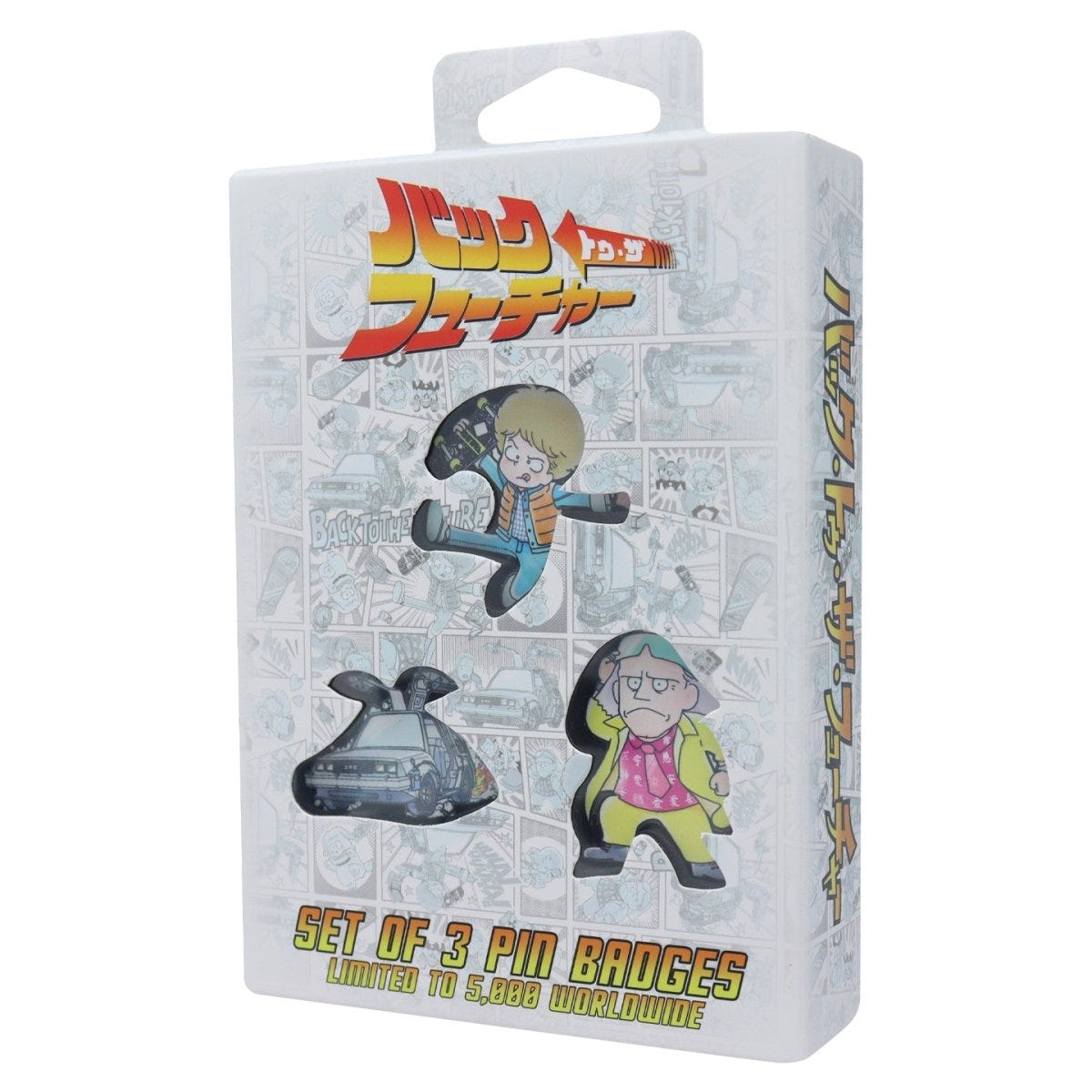 Fanattik Back to the Future Japanese-style pin badge set box with Marty, Doc and the DeLorean