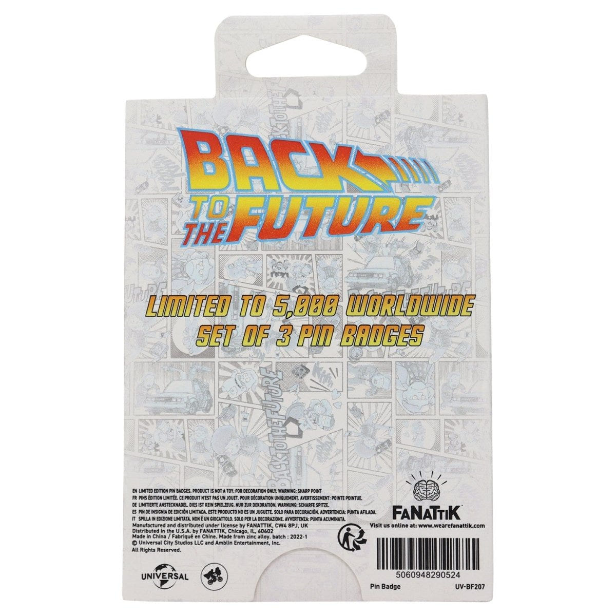 Back of the Fanattik Back to the Future triple pin badge set packaging