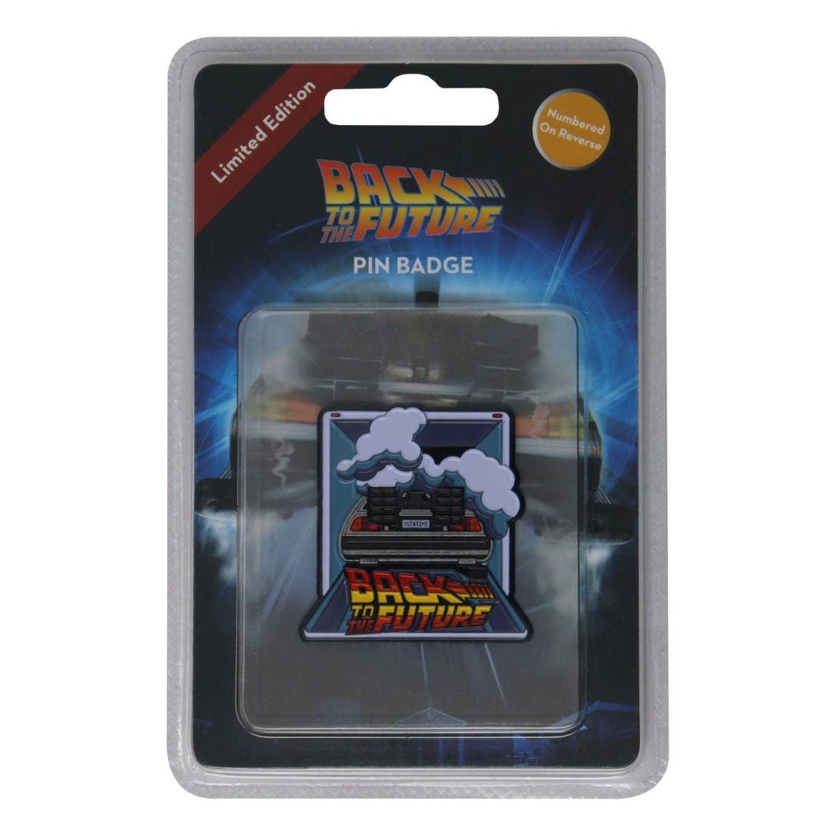 Back to the Future limited edition DeLorean pin badge by Fanattik in its blister packaging