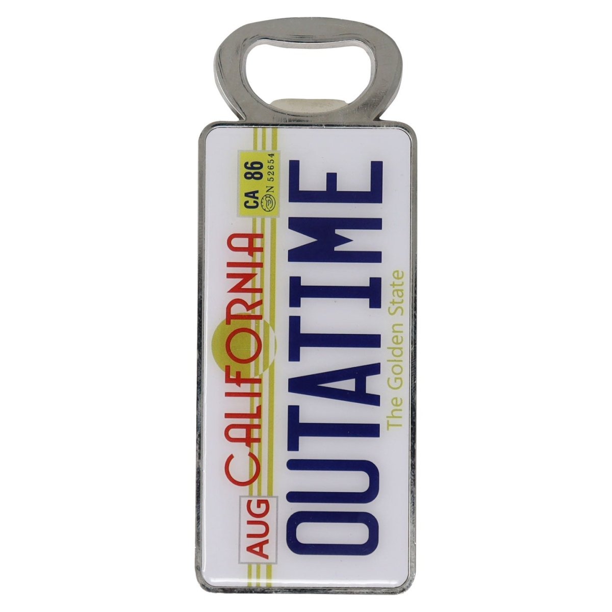 Back to the Future OUTATIME bottle opener, straight-on front view of the licence plate design