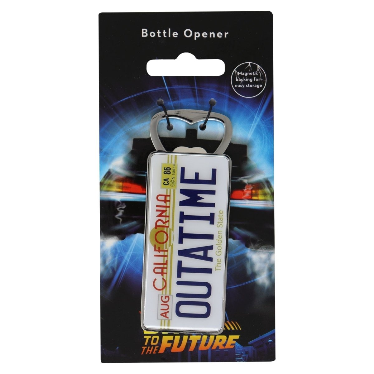 Back to the Future OUTATIME licence plate bottle opener by Fanattik in its backing card packaging
