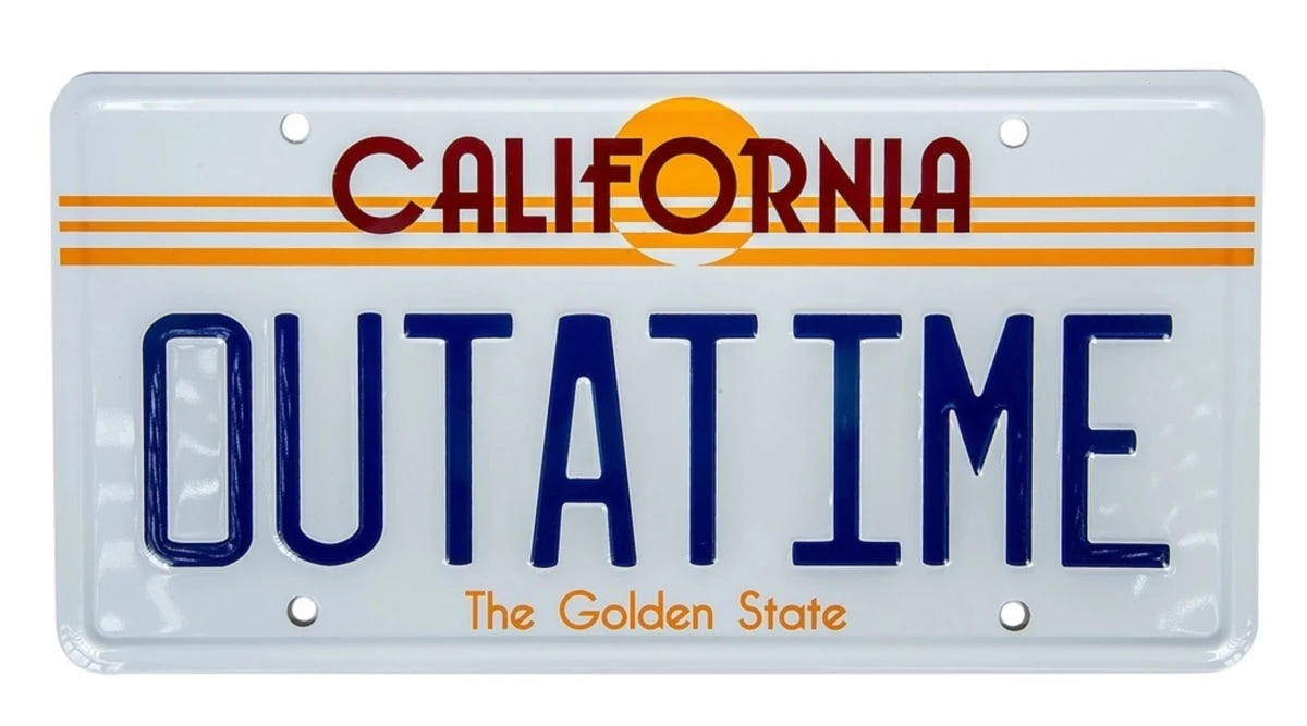 Back to the Future OUTATIME California licence plate replica in white, red and navy