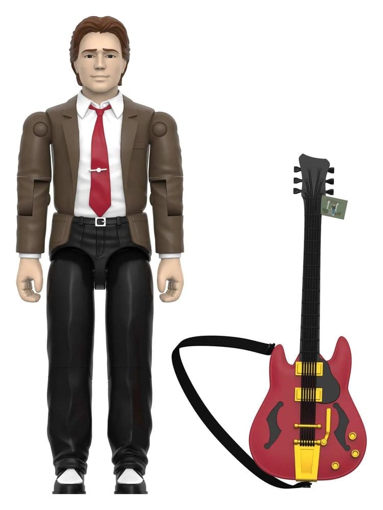 Marty McFly '55 ReAction+ figure in brown suit and red tie with red guitar and strap