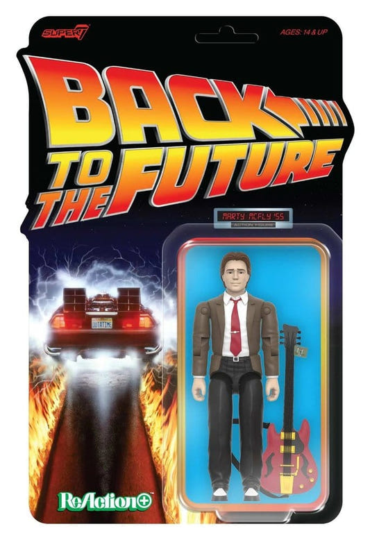 Super7 Back to the Future Marty McFly '55 ReAction+ figure with guitar on blister card