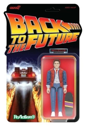 Super7 Back to the Future Marty McFly '85 ReAction+ figure with skateboard on blister card
