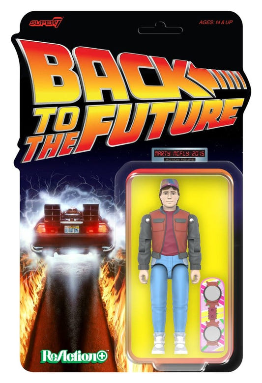 Super7 Back to the Future Marty McFly 2015 ReAction+ figure with hoverboard on blister card
