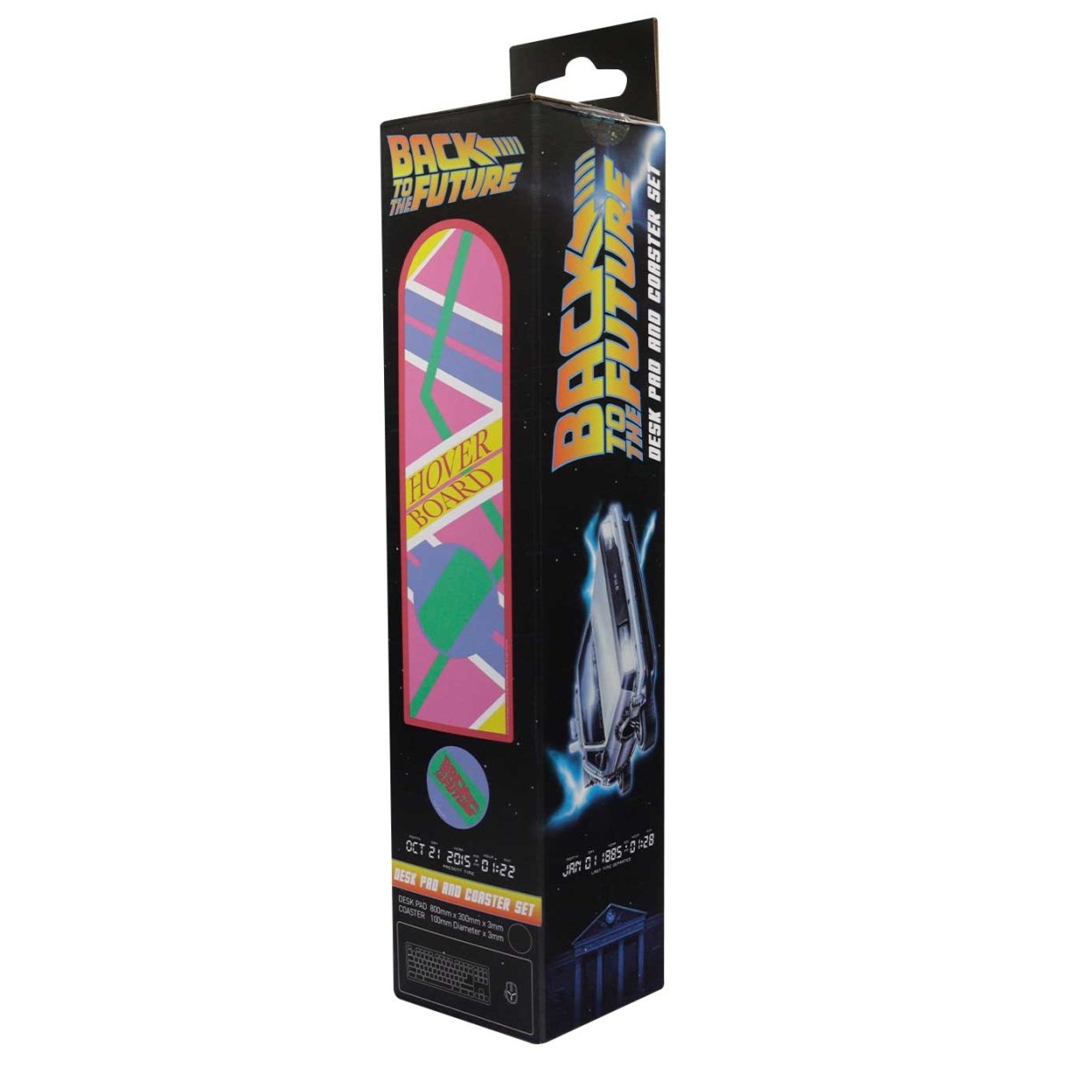 Back to the Future XL Hoverboard desk pad and coaster set in its tall retail box