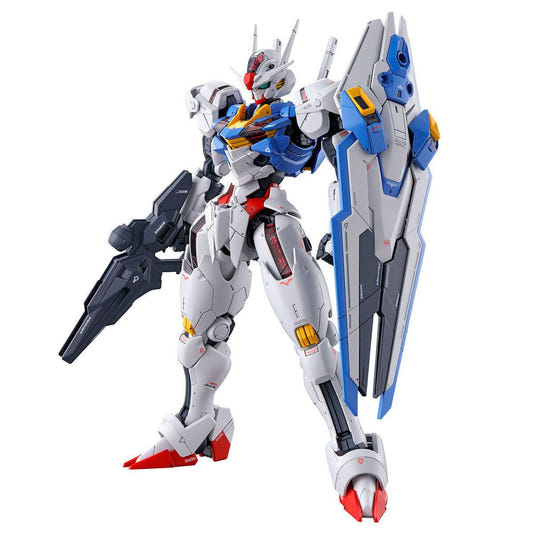 Bandai Full Mechanics 1/100 Gundam Aerial kit, assembled model in white and blue with shield and rifle