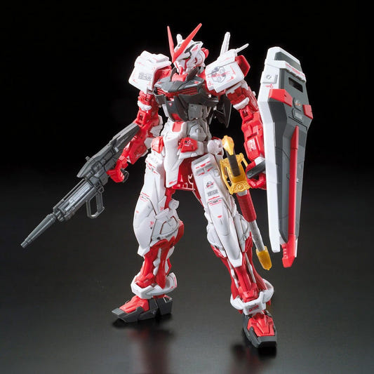 Bandai HG 1/144 Gundam Astray Red Frame (Flight Unit) kit, assembled model with rifle on a black background