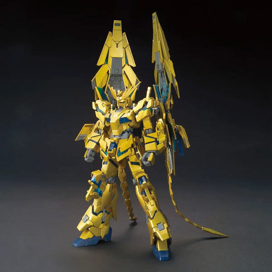 Bandai HGUC 1/144 Unicorn Gundam 03 Phenex Destroy Mode (Narrative) kit, assembled gold model, front view