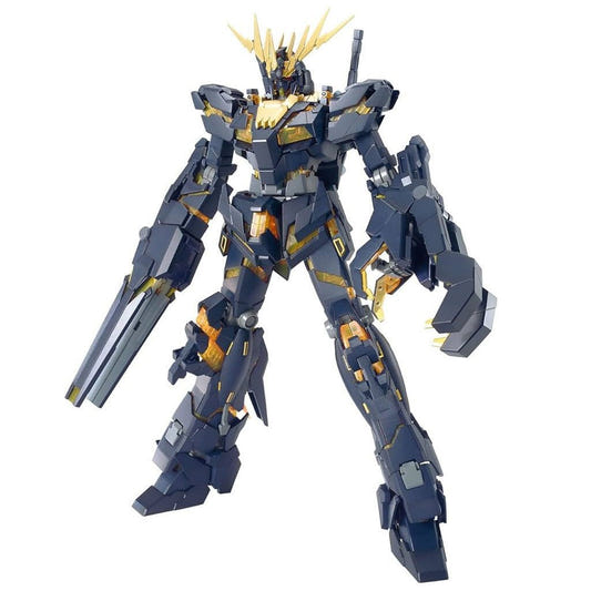 Bandai MG 1/100 RX-0 Unicorn Gundam 02 Banshee kit, assembled black and gold model in Destroy Mode