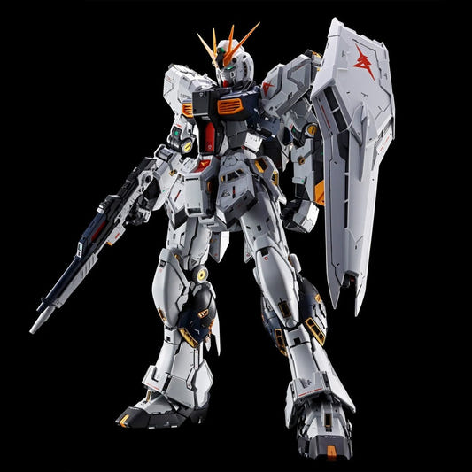 Bandai PG Unleashed 1/60 RX-93 Nu Gundam kit, assembled model with rifle and fin funnels, front view