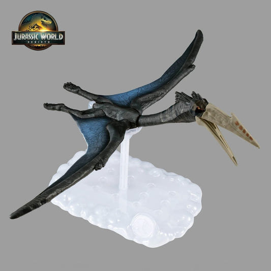 Bandai Plannosaurus Jurassic World Quetzalcoatlus kit, assembled model in flight on clear stand