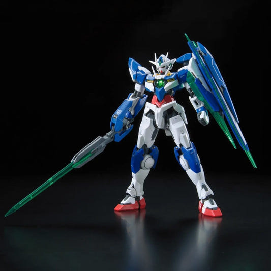 Bandai RG 1/144 00 Qan[T] kit, assembled model with GN sword and shield bits