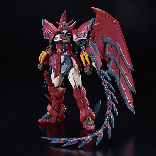 Bandai RG 1/144 Gundam Epyon kit, assembled red model with wings and heat rod, front view