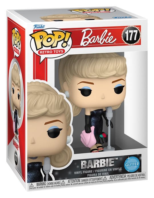 Funko Barbie POP! Retro Toys vinyl figure in black gown with microphone in window box, number 177