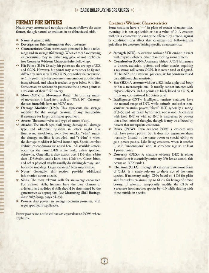 Basic Roleplaying: Creatures interior page explaining the format for creature entries