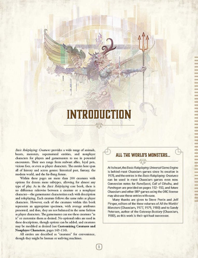 Basic Roleplaying: Creatures introduction page with creature illustration and sidebar