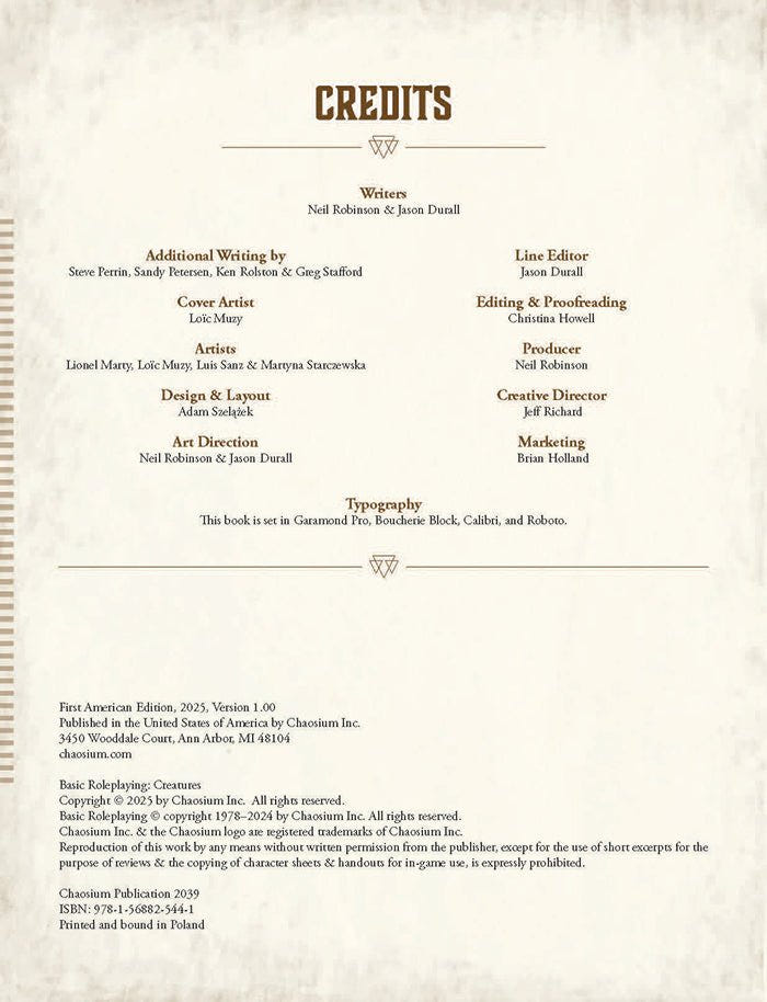 Basic Roleplaying: Creatures credits page listing writers, artists and editors