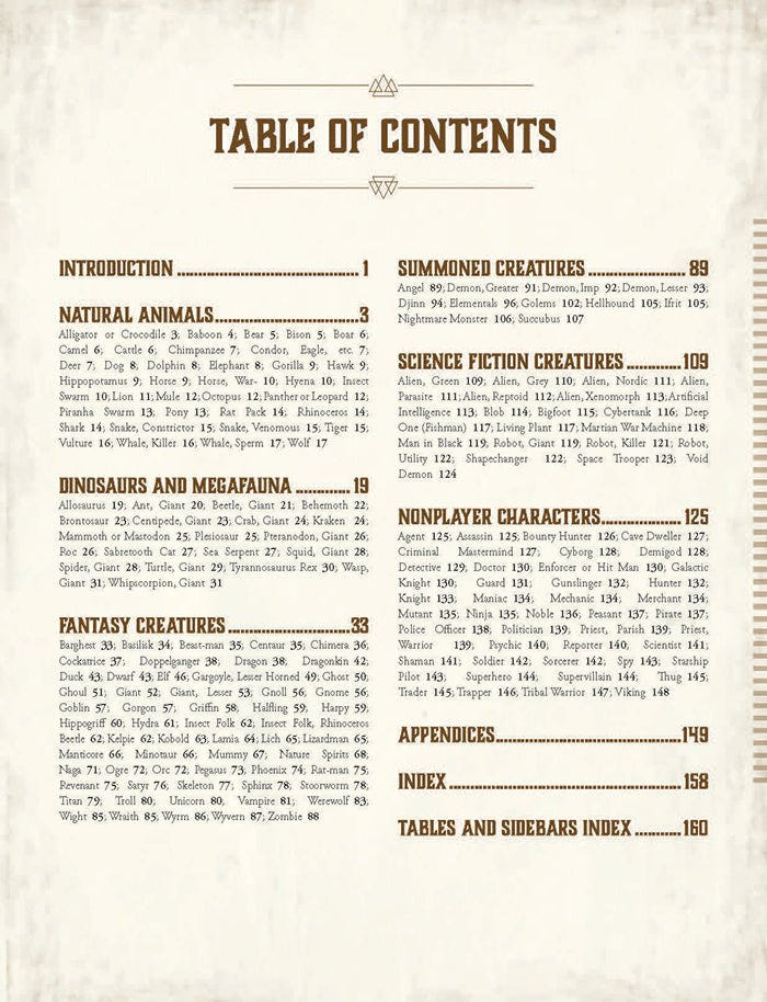Basic Roleplaying: Creatures table of contents covering natural, fantasy and sci-fi creatures