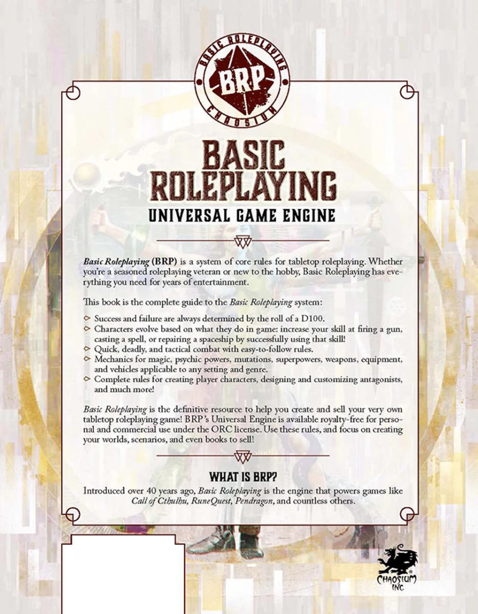 Chaosium Basic Roleplaying Universal Game Engine back cover blurb