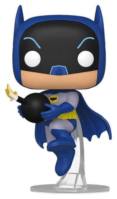 Funko POP! Heroes Batman 66 vinyl figure running with a lit black bomb on a clear stand