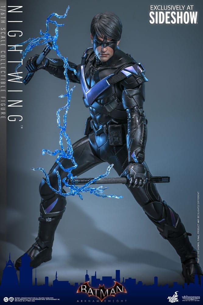 Hot Toys Nightwing 1/6 figure in wide stance with escrima stick and blue lightning effects